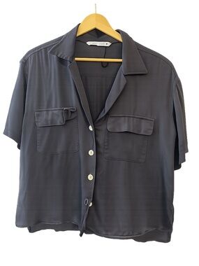 Zara Charcoal Black Viscose Satin Button Up Blouse NWOT Size M